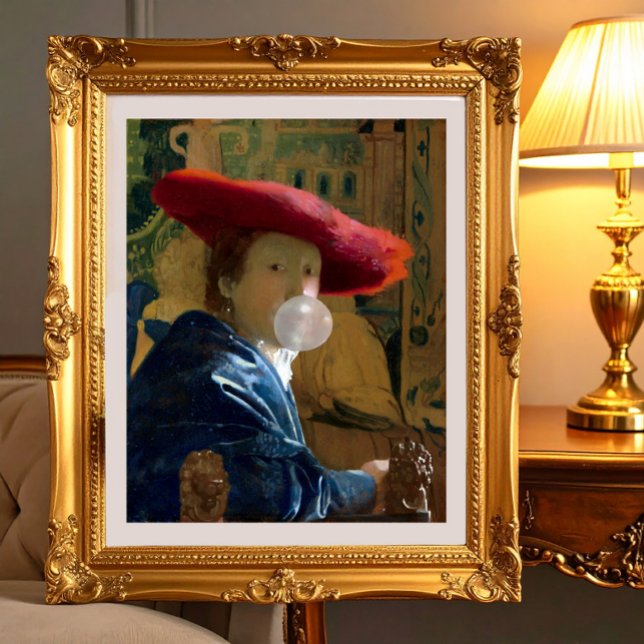 Pôster Mulher vestindo chapéu vermelho soprando chiclete (Criador carregado)