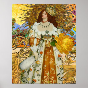 Pôster Mulher Vintage Sol Dourado: Arte Colagem do Zodíac