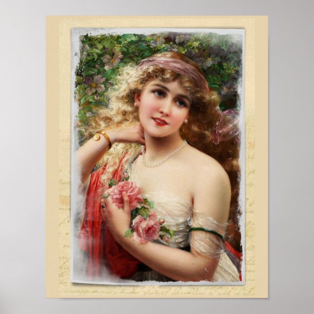 Poster Mulher Vitoriana com Rosas Rosadas Românticas (Frente)