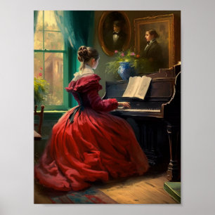 Poster Mulher vitoriana tocando piano, pintura a óleo