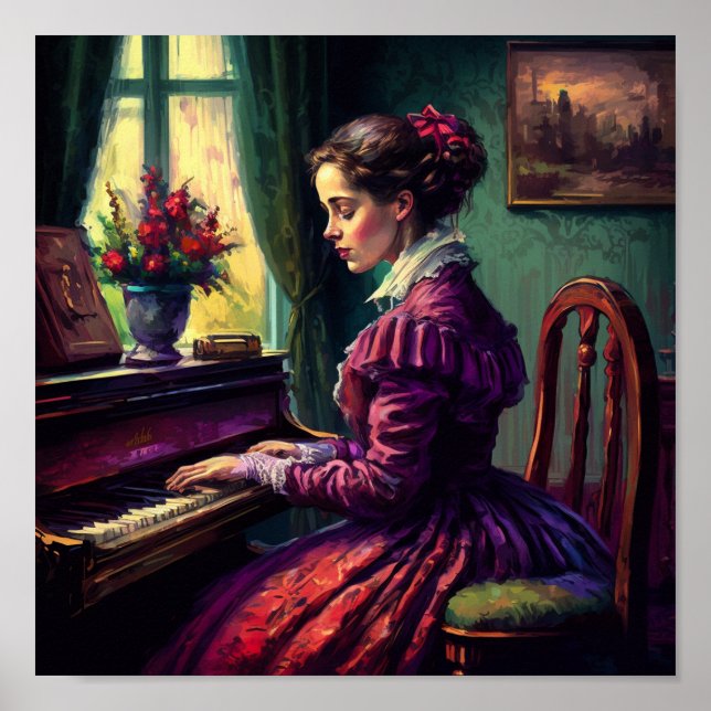 Poster Mulher vitoriana tocando piano, pintura a óleo (Frente)