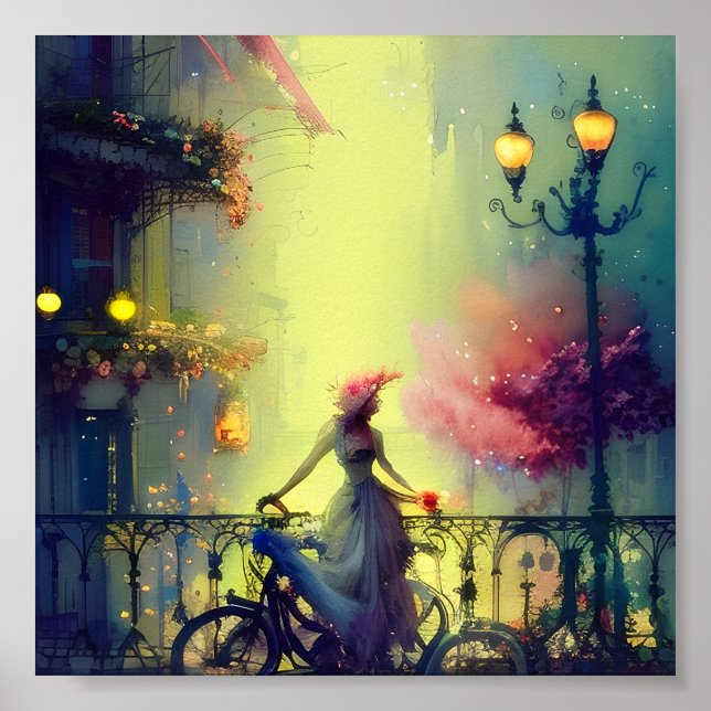 Poster Mulher vitoriosa da aquarela e bicicleta (Frente)