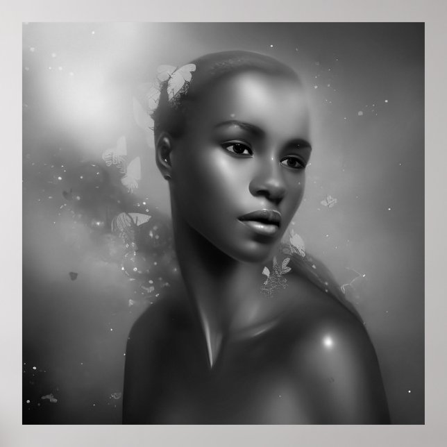 Poster Mulheres africanas preto e branco borboleta monocr (Frente)