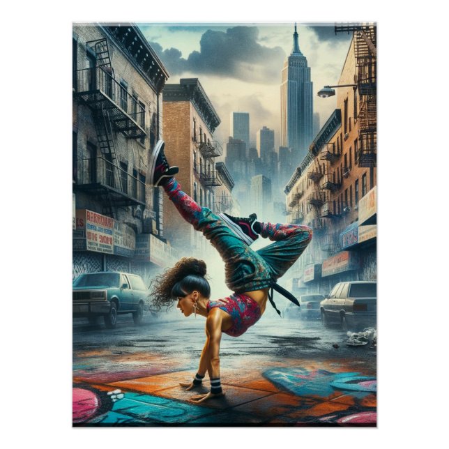 Pôster Mulheres Breakdancer em ação silhueta Nova York (Frente)