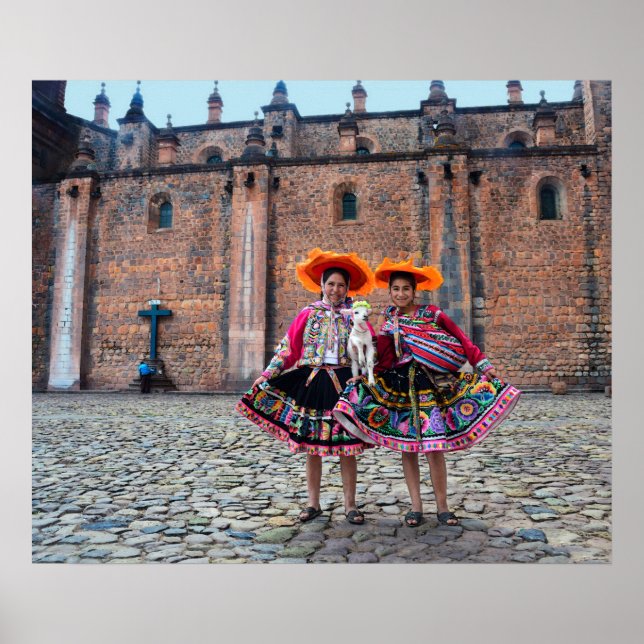 Pôster Mulheres com Lamb em Cusco, Peru (Frente)