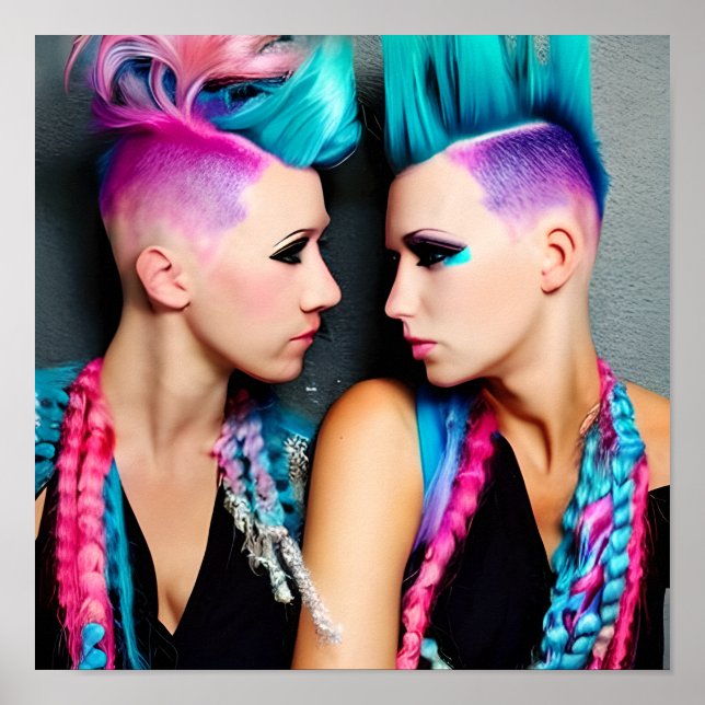 Poster Mulheres com Mohawks Rosa e Azul (Frente)
