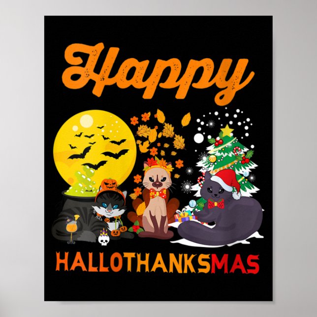 Poster Mulheres Felizes Hallothanksmas Cat Halloween Chri (Frente)