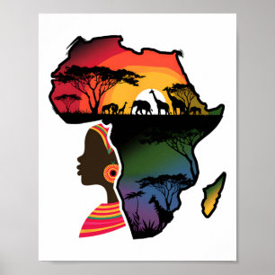 Poster Mulheres Negras Mapa Afro Safari Animais Africano