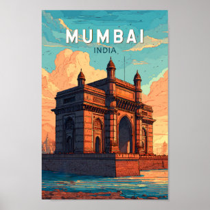 Poster Mumbai India Illustração Viagem Art Vintage