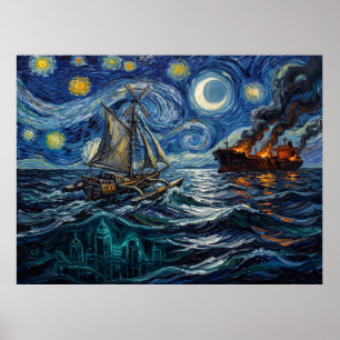 Poster Mundo Aquático Noite Estrelada Cidade Submersa