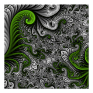Pôster Mundo Fantasia Verde e Cinza Arte Fractal Abstrata