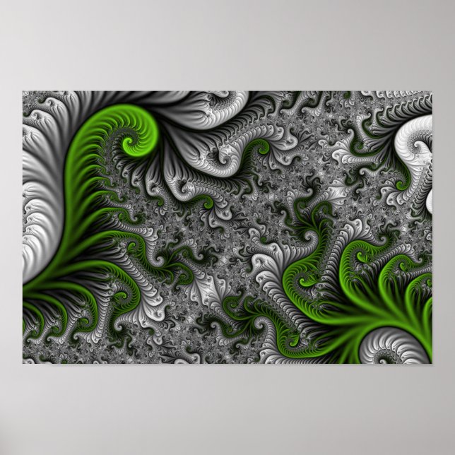 Poster Mundo Fantástico Arte Fractal Abstrata Verde e Cin (Frente)