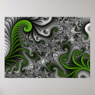 Poster Mundo Fantástico Arte Fractal Abstrata Verde e Cin