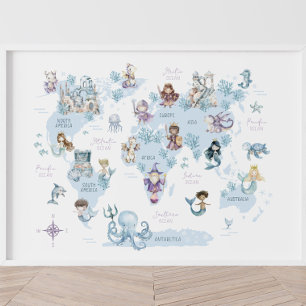 Poster Mundo Mágico do Mar, Sereias, Cavalheiros, Mapa Mu