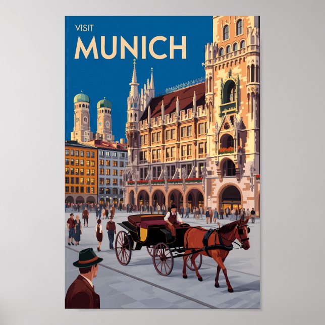 Poster Munich Germany Marienplatz Travel Art Vintage (Frente)