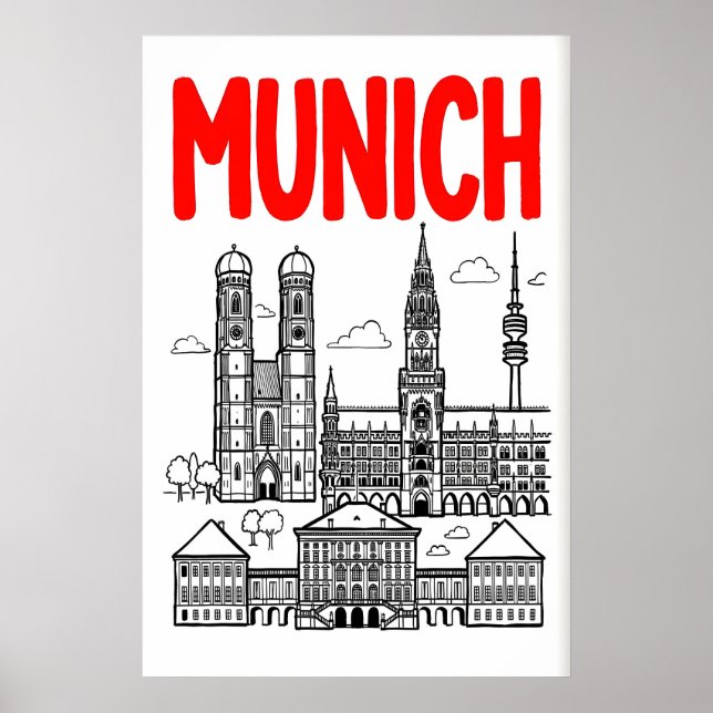 Poster Munich Skyline Poster, Red Title, Black Outline (Frente)