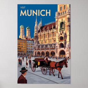 Poster Munique Alemanha Marienplatz Viagem Arte Vintage