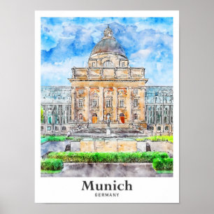Poster Munique Alemanha, Viagem Watercolor, Desenhada