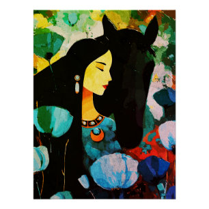 Pôster Mural da Mulher e do Cavalo Turquesa