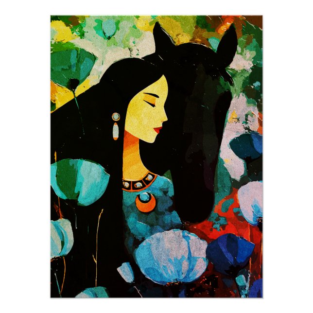 Pôster Mural da Mulher e do Cavalo Turquesa (Frente)