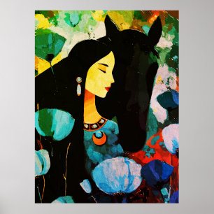 Poster Mural da Mulher e do Cavalo Turquesa