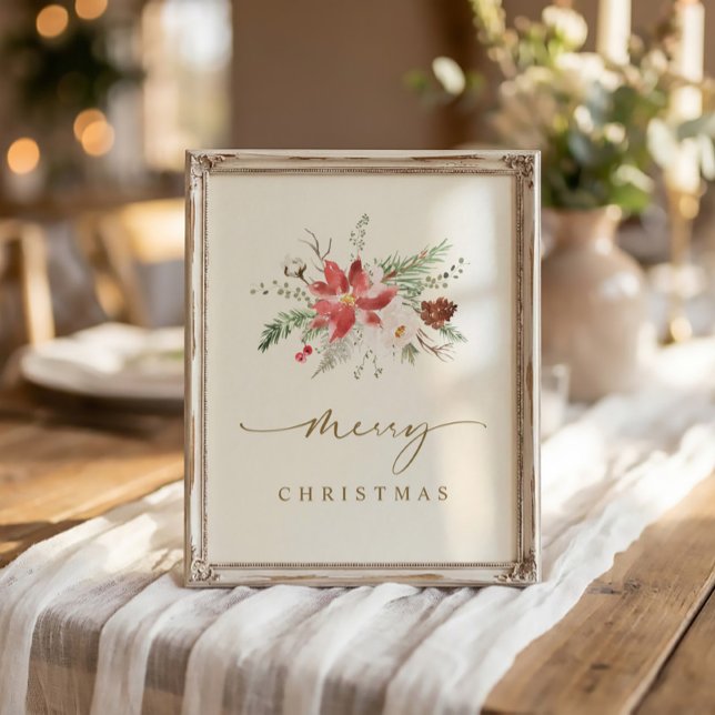 Poster Muro de Natal Imprimível Arte Elegante Boho Greene (Elegant Merry Christmas sign 8x10 watercolor poinsettia and winter greenery)