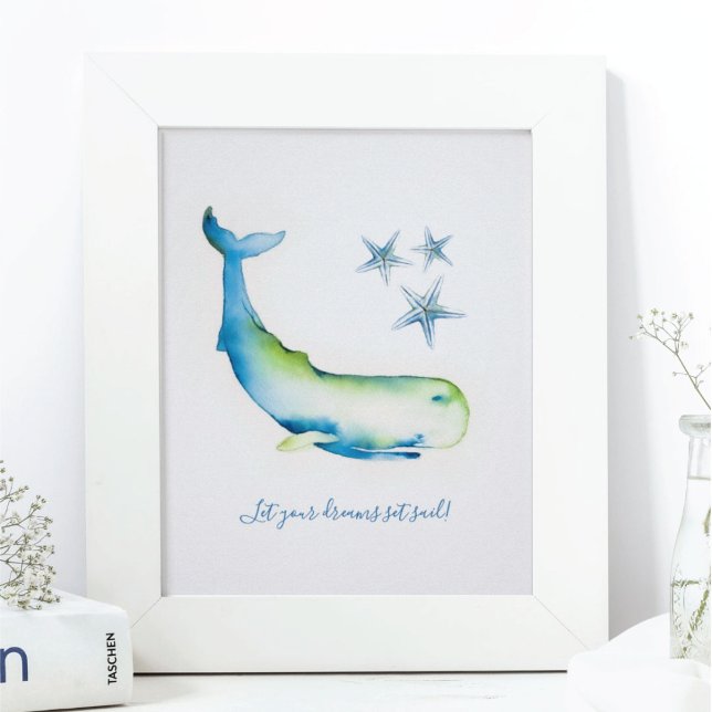 Poster Muro Encantador Arte Aquarela Baleia Azul (Wall Art home decor ideas Watercolor Blue Whale with inspirational quote for home )