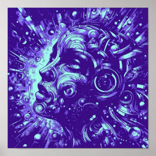 Poster Musa Mecânica Arte de Mulher Ciberpunk Roxa