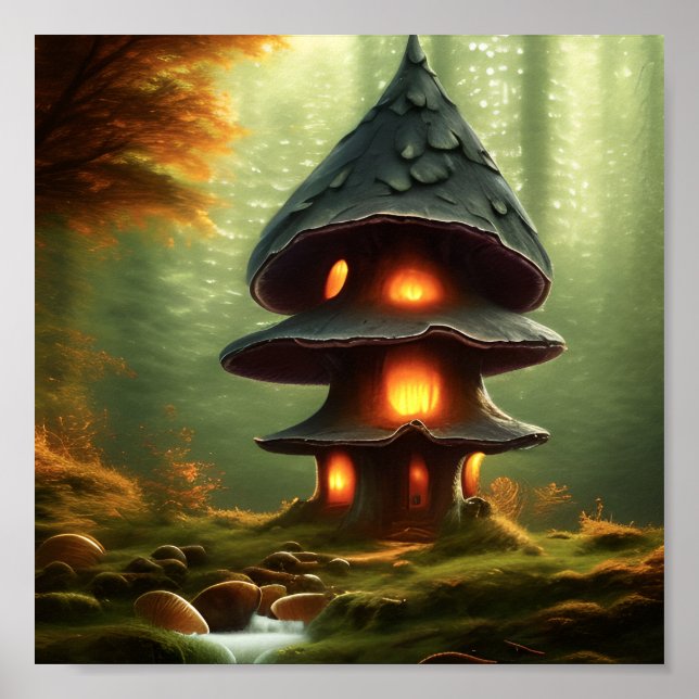 Poster Mushroom House Forest Fantasy Art (Frente)