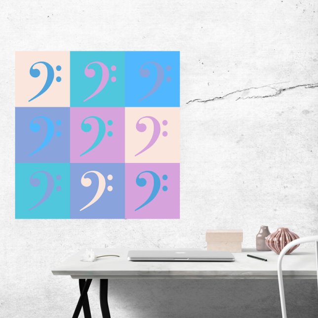 Poster Music Bass Clef Pastel Colors (A poster of pastel colored bass clef music symbols)