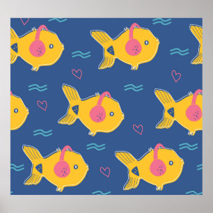 Poster Music Fishes: Padrão de Vintage de Cartoon.