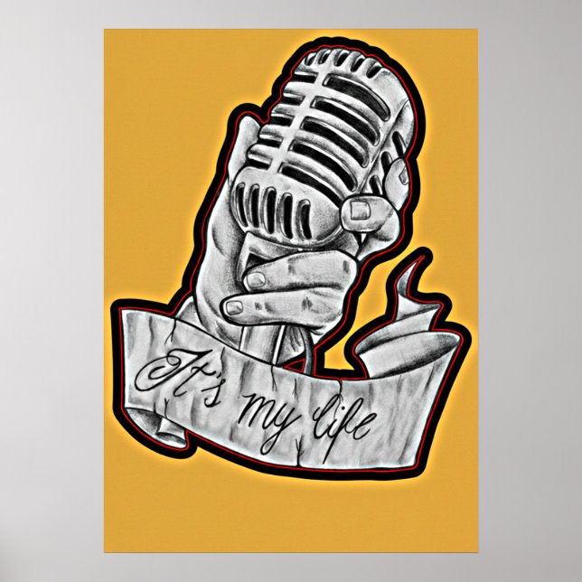 Poster Music Is My Life - Vintage Microphone Drawn  (Frente)