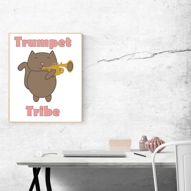 Poster Música do Gato Fofo da Tribu da Trombeta (A poster featuring a brown cat playing the trumpet with the words trumpet tribe in pink.)