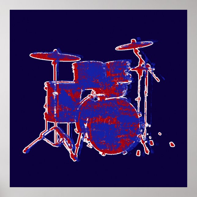 Poster música, kit de tambor vermelho e azul (Frente)