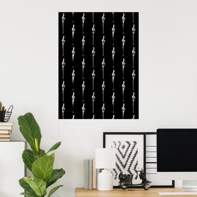 Poster Música Motif Derretendo Treble Clef Branco e Preto (Escritório em casa)