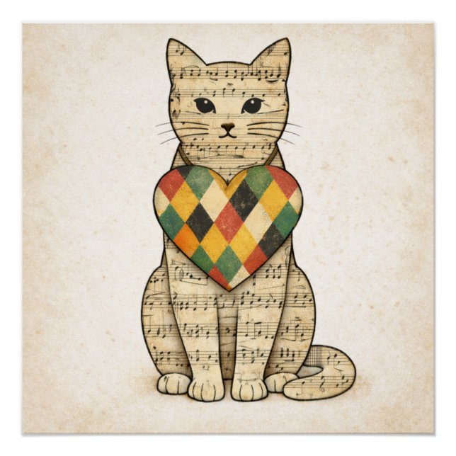 Pôster Musical Cat Collage with Harlequin Heart (Frente)