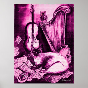 Pôster MUSICAL CAT, PInk Violet e Branco