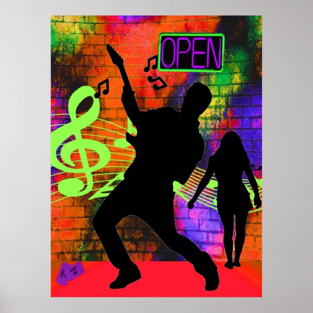 Poster Musical Guitar Man and Girl Neon Cors (Frente)