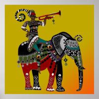 músico de arte tribal africano cavalgando elefante