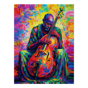 Pôster Músico Violoncelista Abstrato Vibrante Cores Arco-