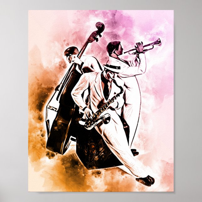 Poster Músicos de Banda JAZZ Música Única de Aquarela (Frente)