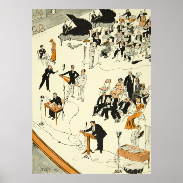 Pôster Músicos do Programa de Rádio Vintage Cartoon Engra (Frente)