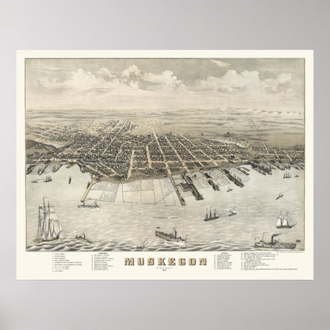 Pôster Muskegon, MI Mapa Panorâmico -1874 (Frente)