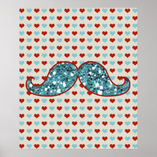 POSTER MUSTACHE VERMELHO AZUL E CORAÇÃO