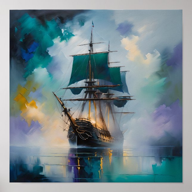 Poster Mystic Tall Ship in Fog – Dreamlike Nautical Paint (Frente)