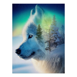 Pôster Mystical Arctic Wolf & Aurora Borealis Double Expo
