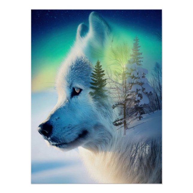 Pôster Mystical Arctic Wolf & Aurora Borealis Double Expo (Frente)