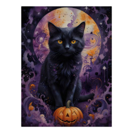 Pôster Mystical Black Cat Halloween Pumpkins Luar