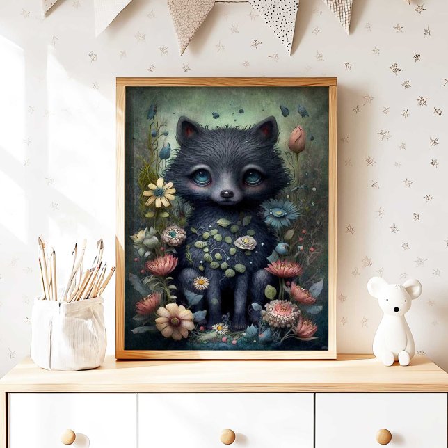 Poster Mystical Black Fox Nursery Wall Art Print | Fox (Mystical Black Fox Nursery Wall Art Print by TinkPrints.)