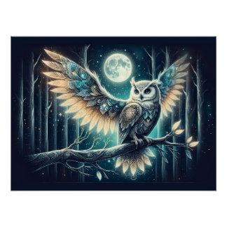 Pôster Mystical Moon Owl Celestial Forest Glow